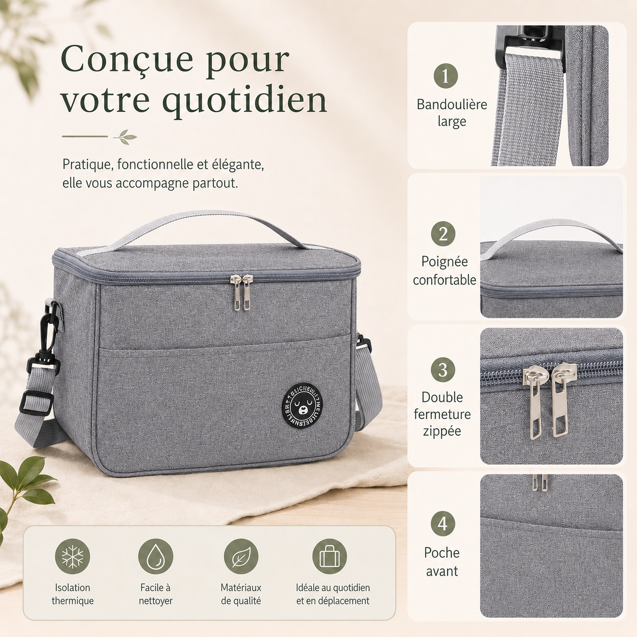 Sac isotherme repas avec bandoulière – Format compact 26x17x18 cm